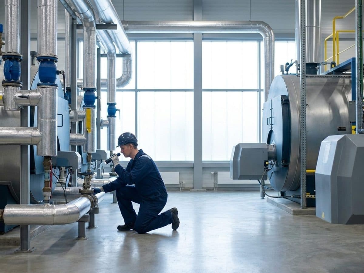 An engineer inspecting insulated pipework in an industrial boiler room