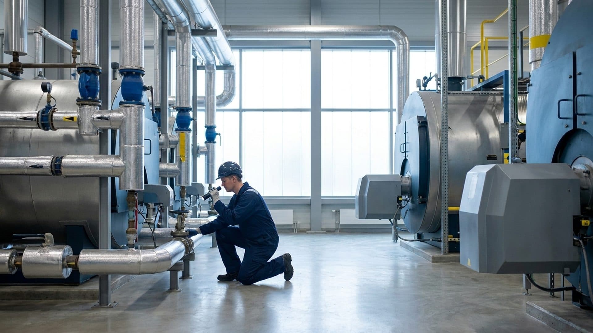 An engineer inspecting insulated pipework in an industrial boiler room