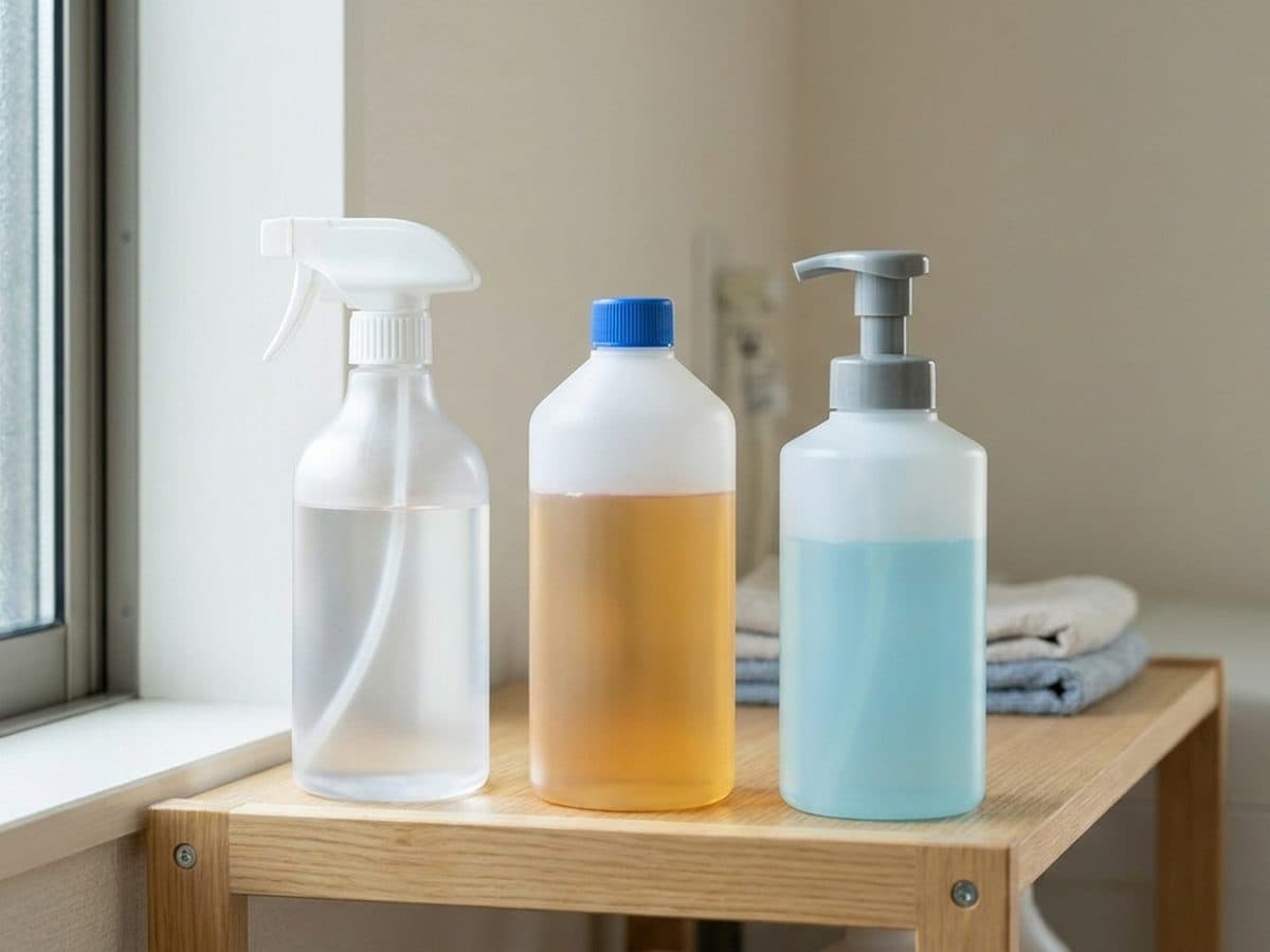 Plain household cleaning bottles on a utility shelf