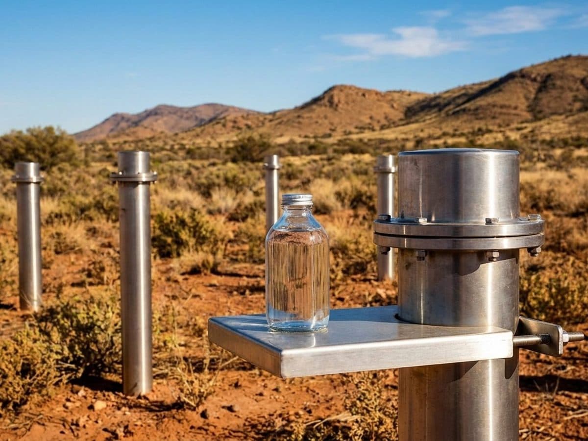 Groundwater monitoring wellheads and a sealed sample bottle in an arid landscape.