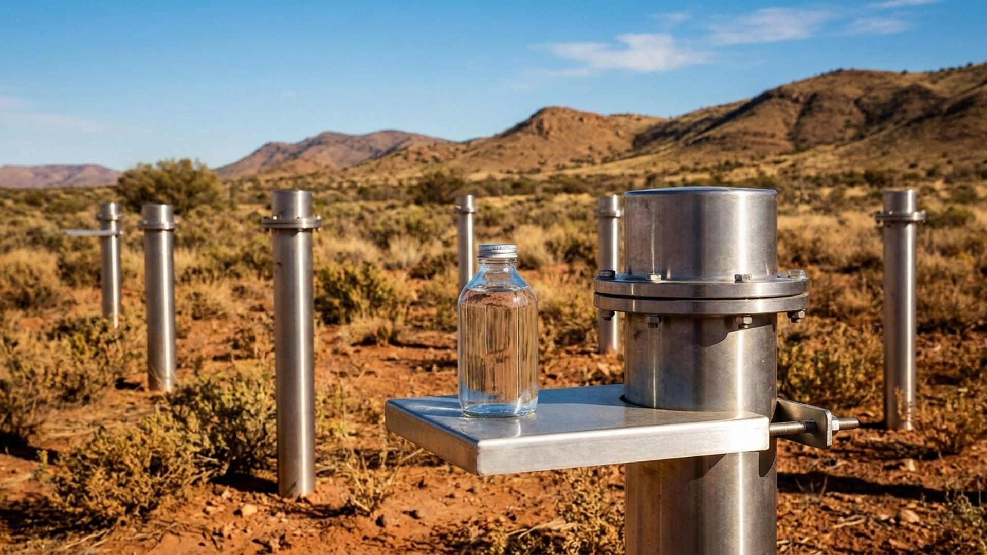 Groundwater monitoring wellheads and a sealed sample bottle in an arid landscape.