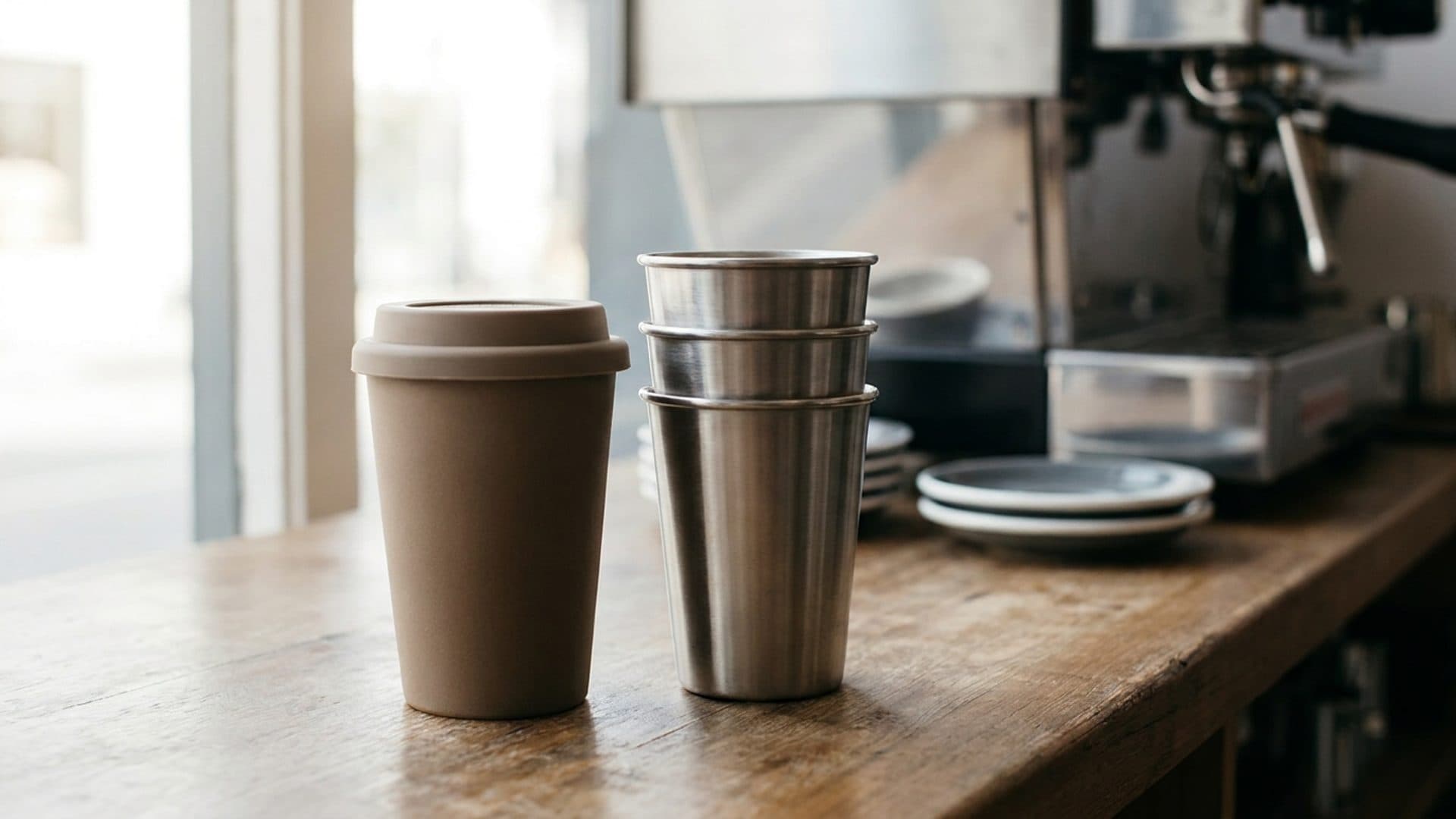 Reusable cups on a cafe counter