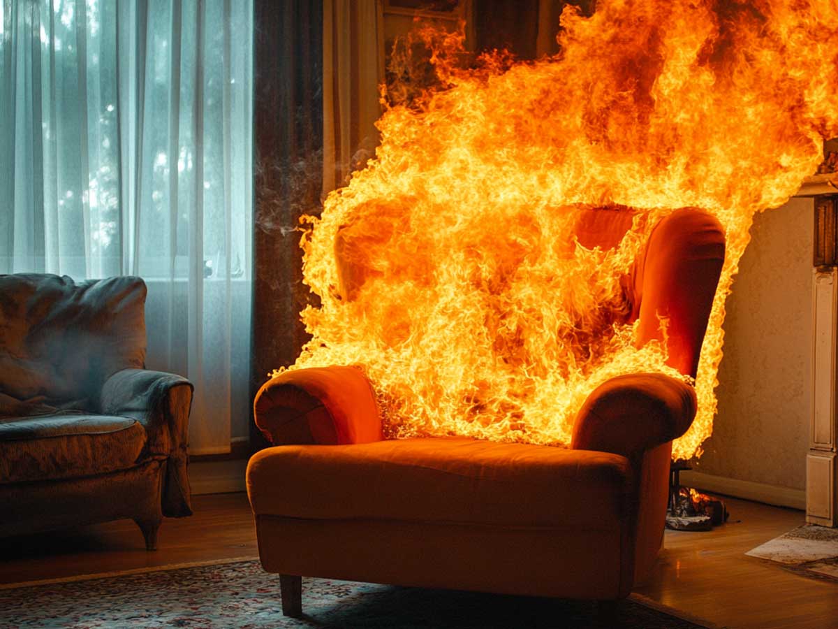 Chair on fire, flame retardent