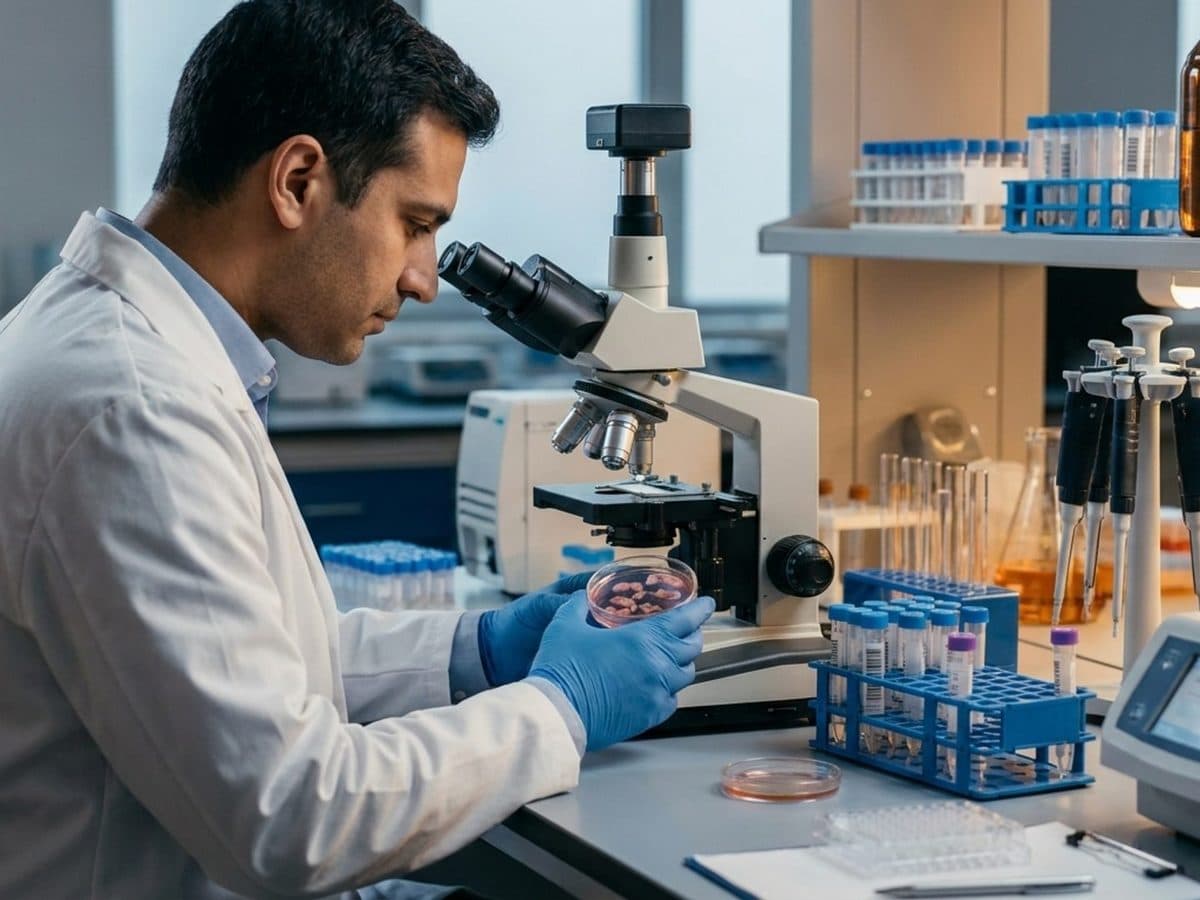 Scientist examining an airway cell culture in a toxicology laboratory