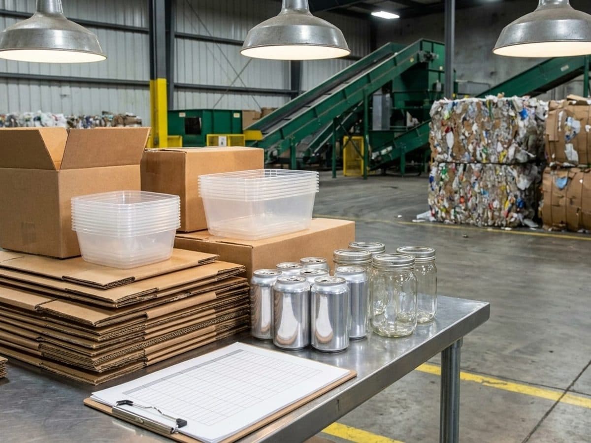 Sorted packaging materials and food-service items beside a fee-analysis spreadsheet at an Oregon recycling facility