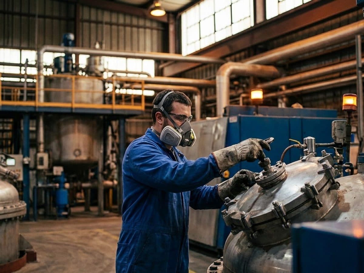 Worker wearing respiratory protection in a resin manufacturing facility