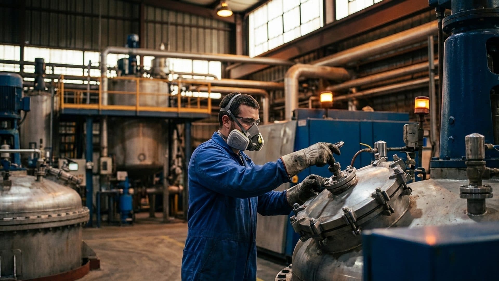 Worker wearing respiratory protection in a resin manufacturing facility