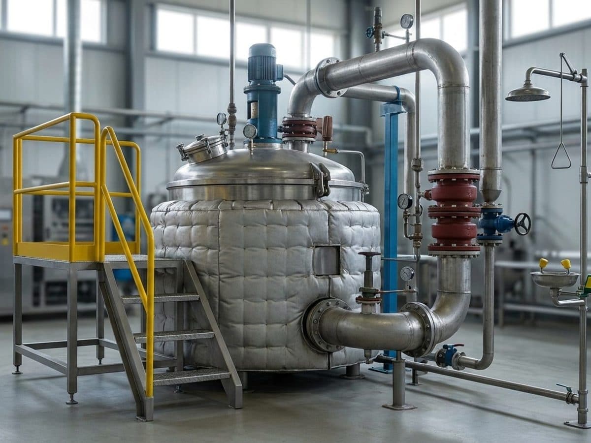 Closed industrial food-processing kettle with guarded pressure controls