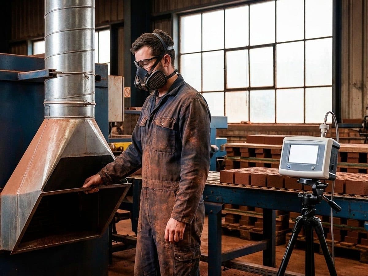 Brick-production worker beside local exhaust ventilation