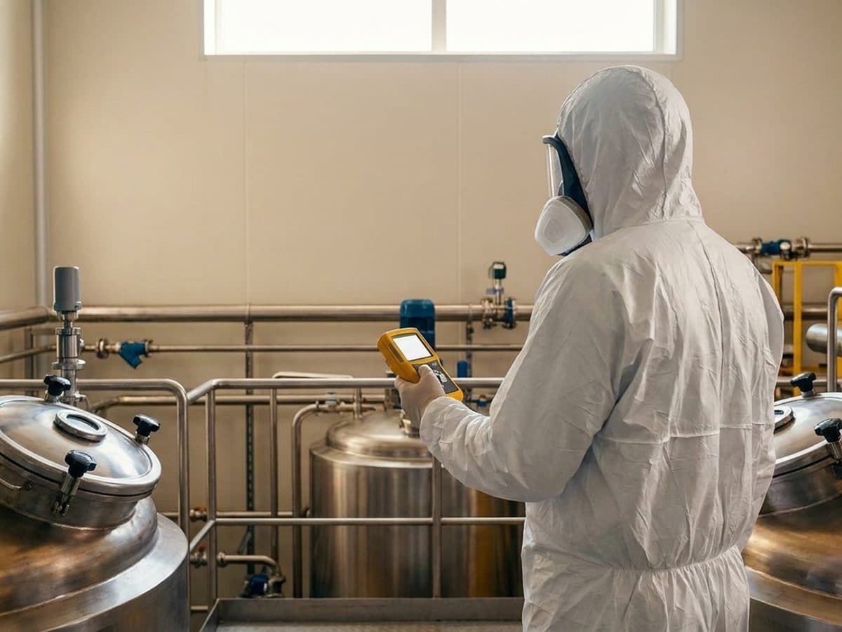 Protected industrial worker checking air-monitoring equipment near solvent process vessels