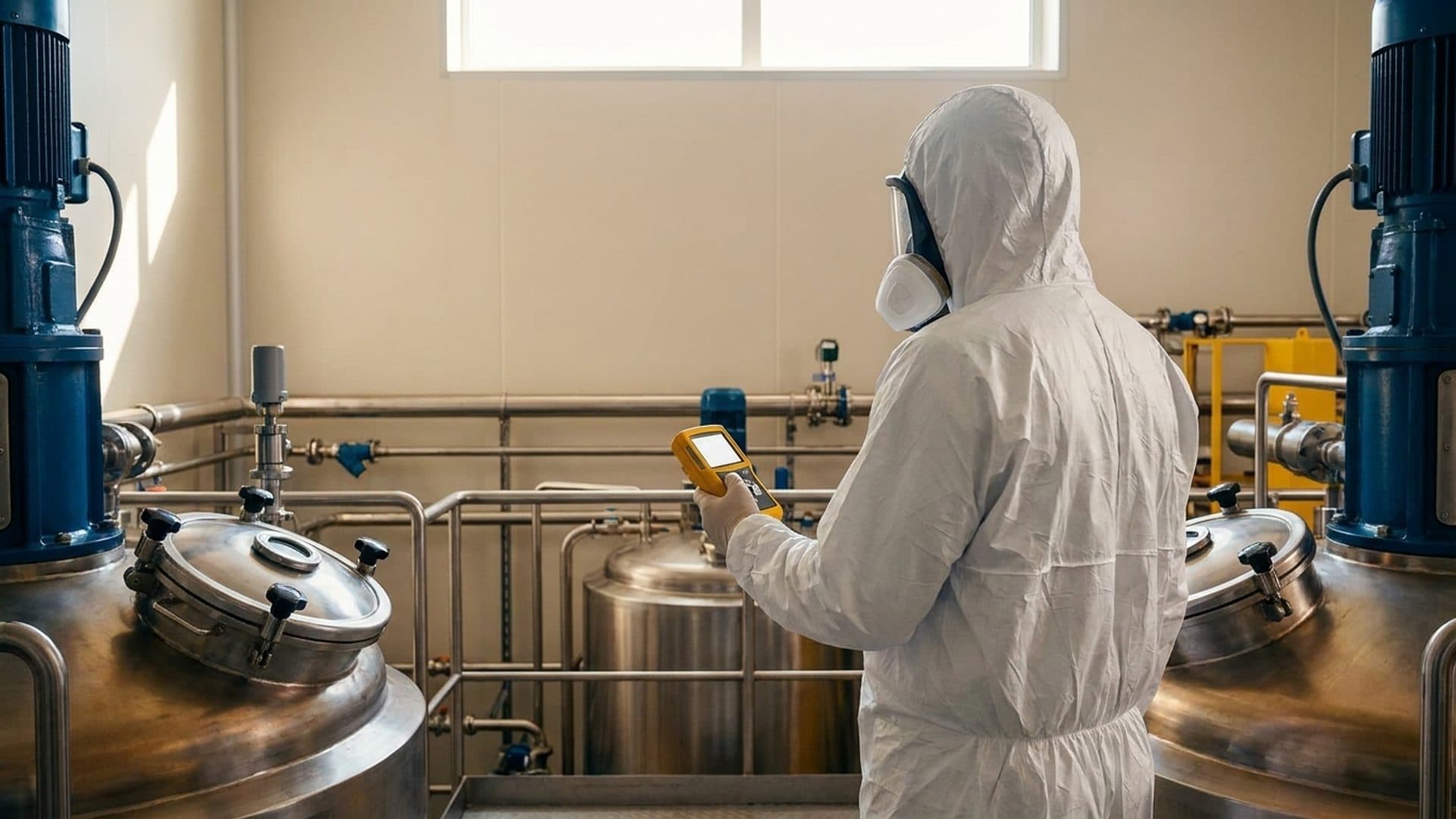 Protected industrial worker checking air-monitoring equipment near solvent process vessels