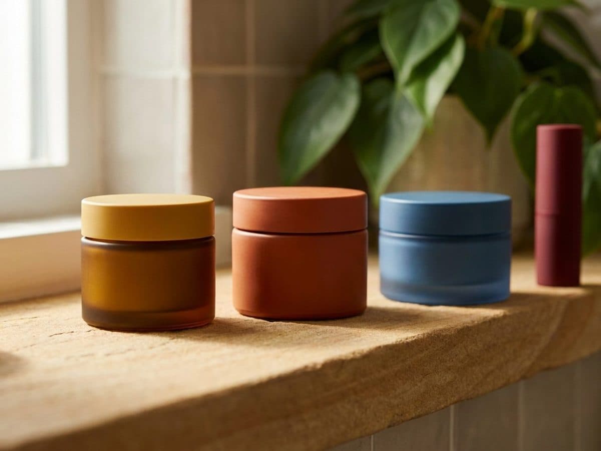 Unbranded cosmetic jars and lipstick on a stone shelf