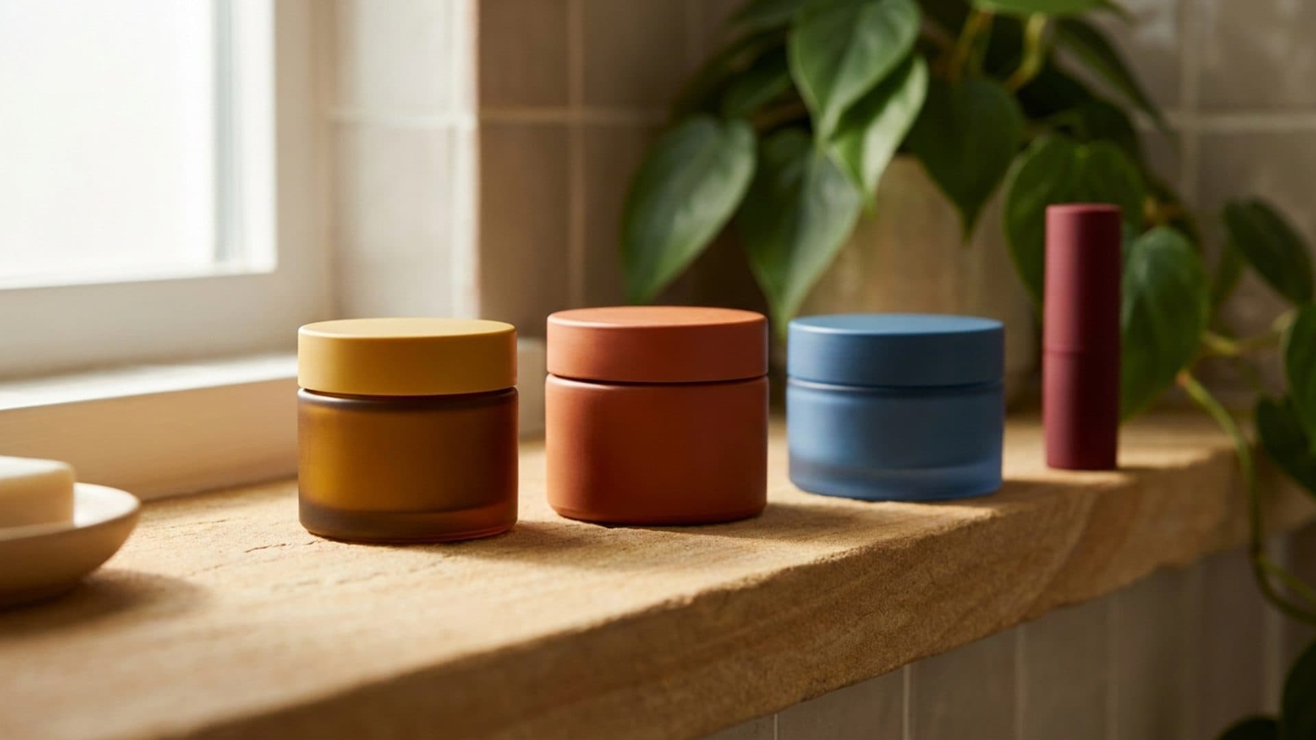 Unbranded cosmetic jars and lipstick on a stone shelf