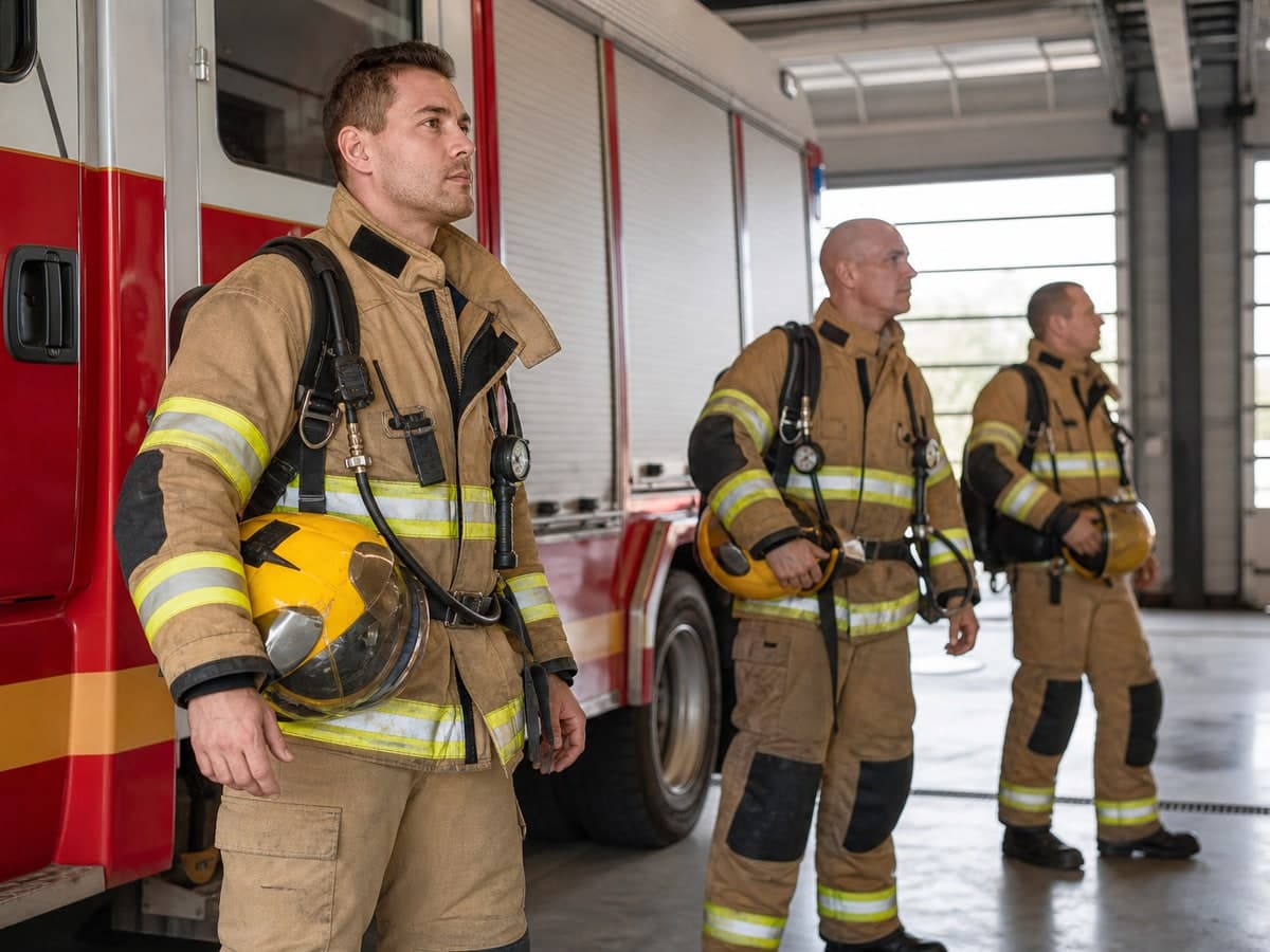 Firefighters in turnout gear beside a fire engine