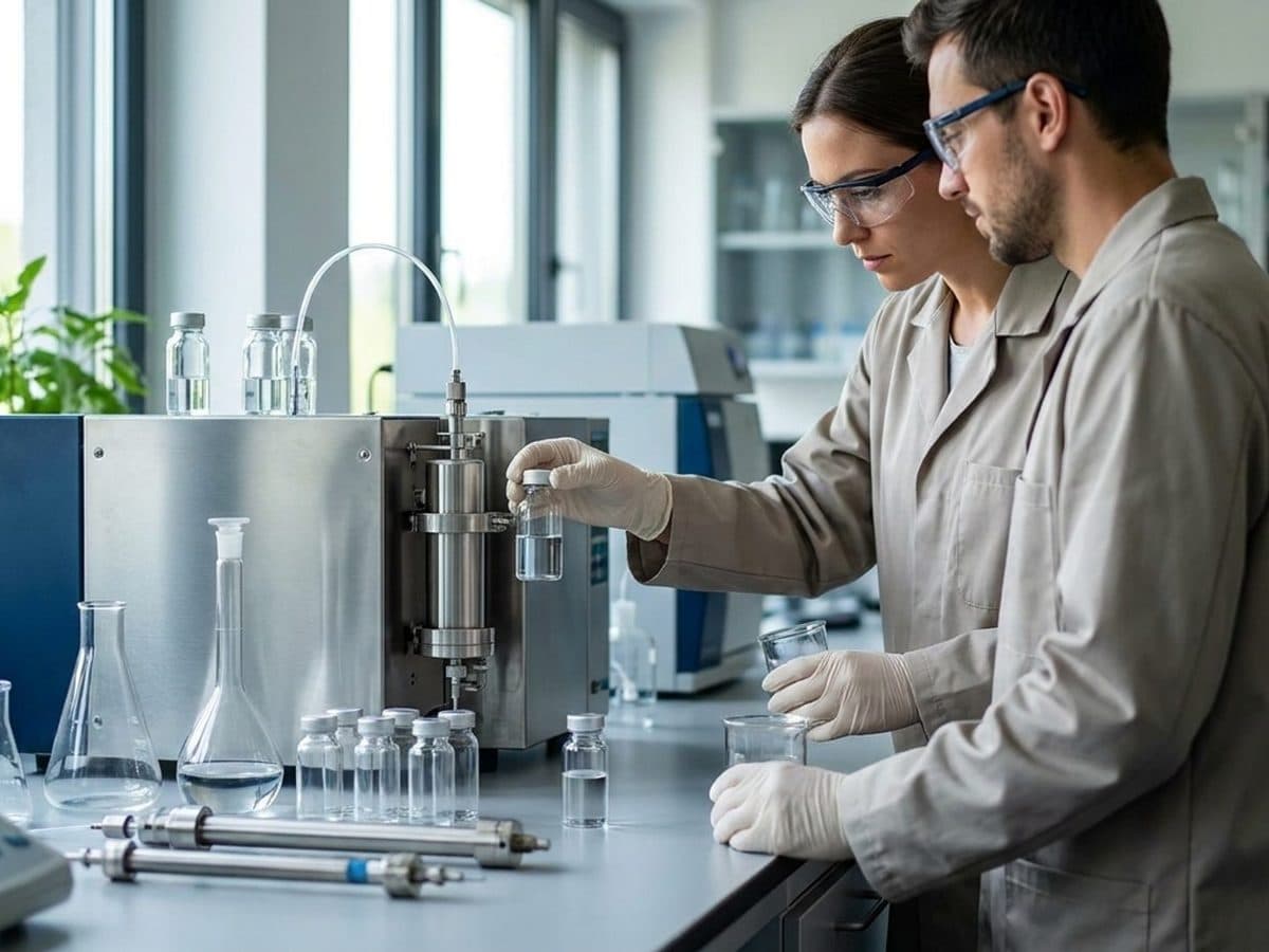 Environmental laboratory technicians analysing clear water samples