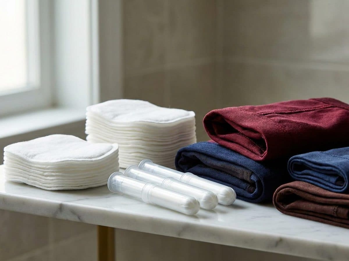 Unbranded menstrual and intimate-care products on a neutral shelf