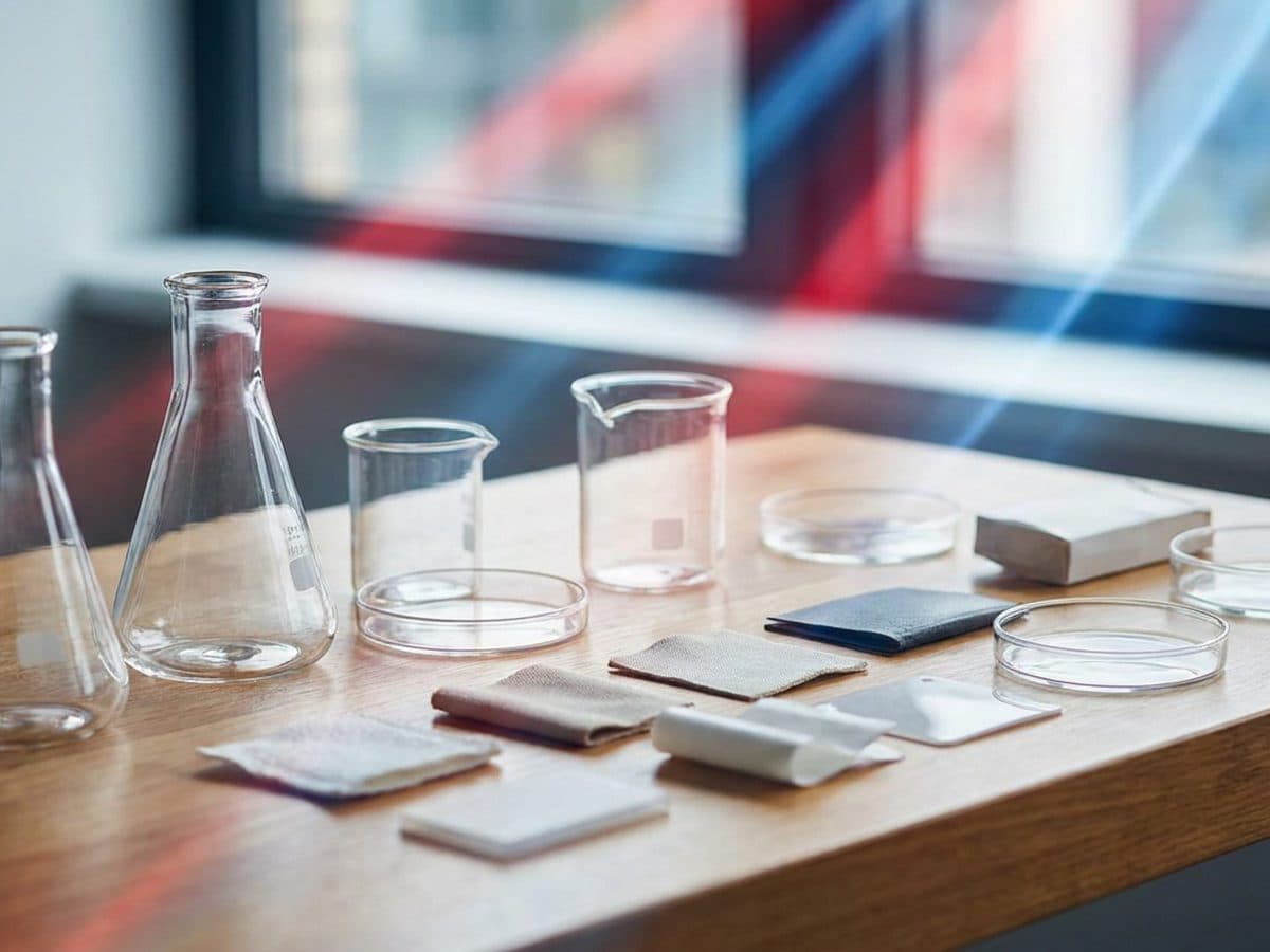 Laboratory glassware and consumer product materials arranged for chemical compliance testing