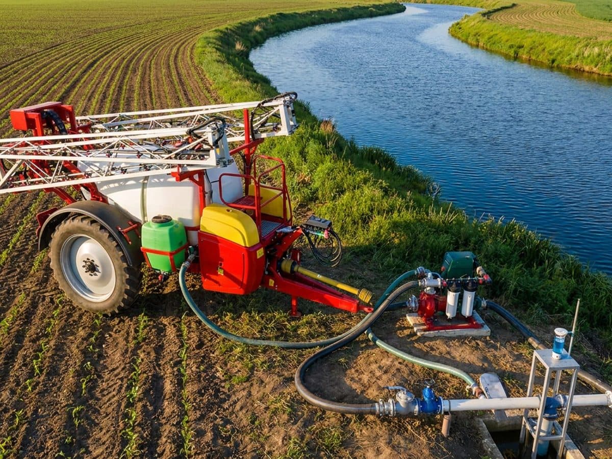 Agricultural spraying equipment near a water body