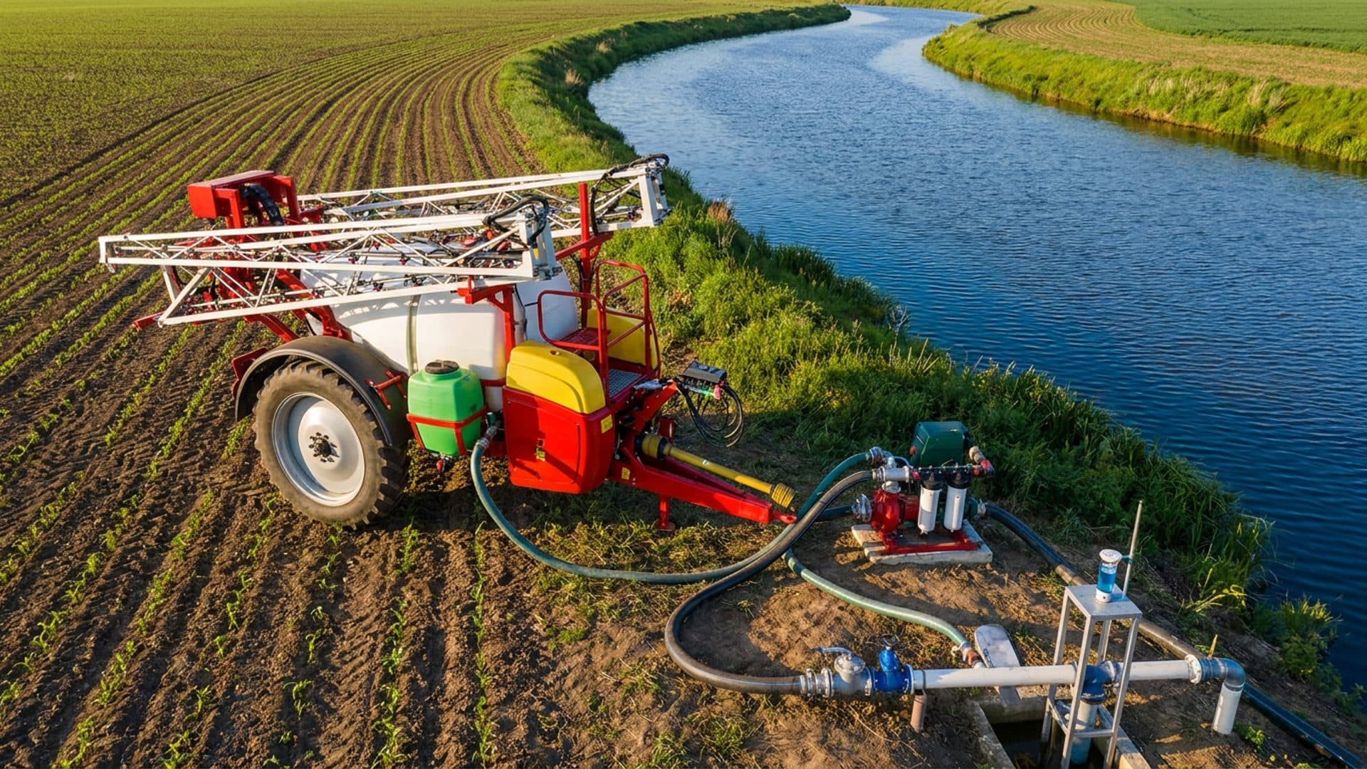 Agricultural spraying equipment near a water body
