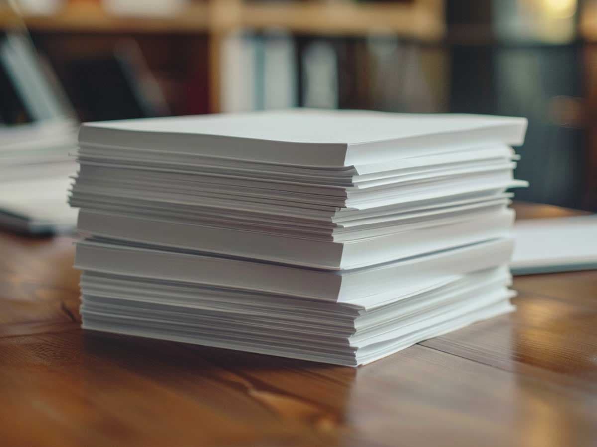 Stack of paper on a desk