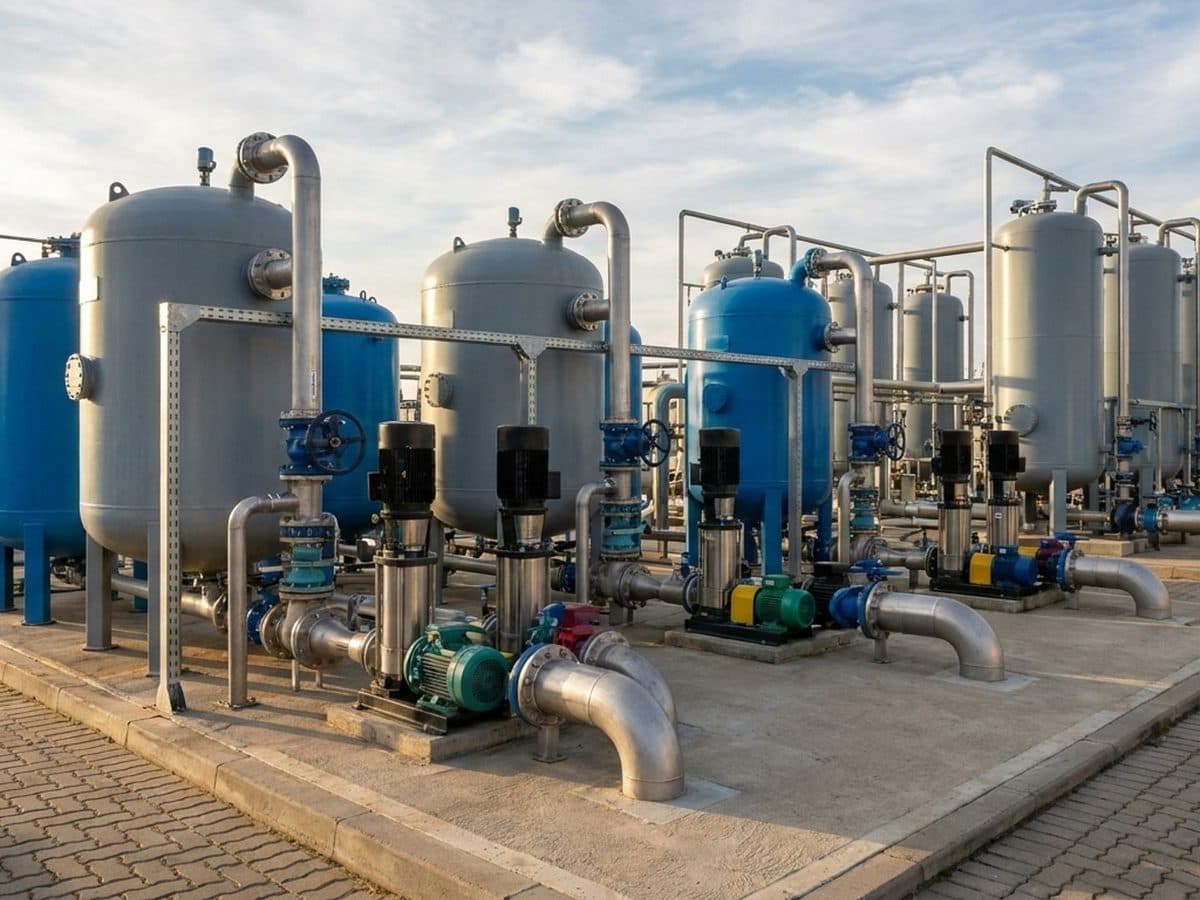 Municipal water treatment plant with filtration vessels and clean pipework