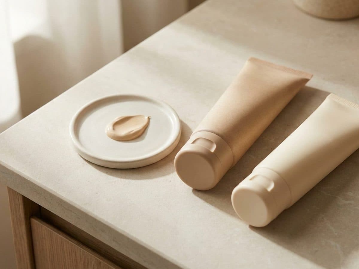 Generic unbranded cosmetic cream tubes on a stone surface