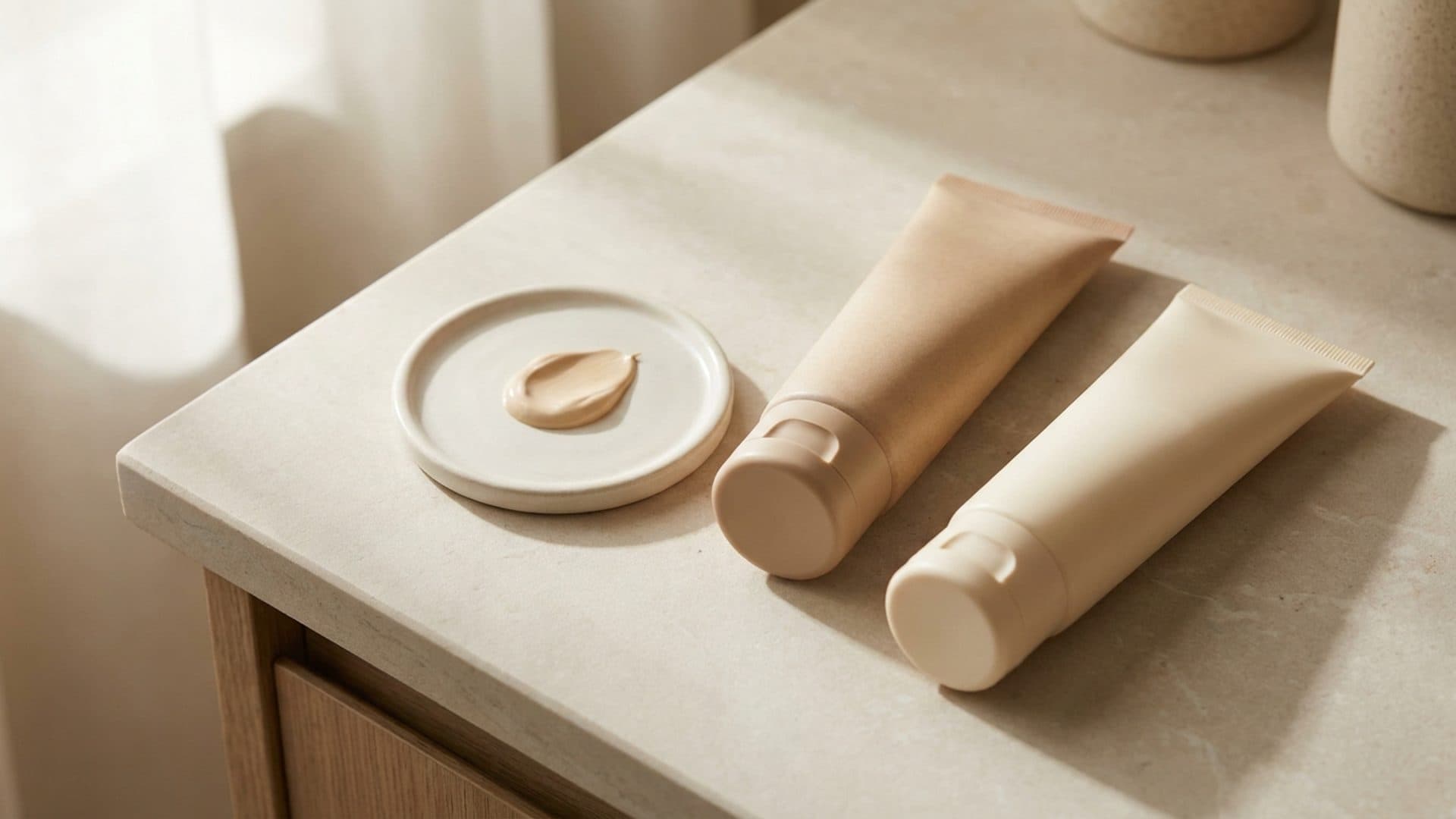 Generic unbranded cosmetic cream tubes on a stone surface