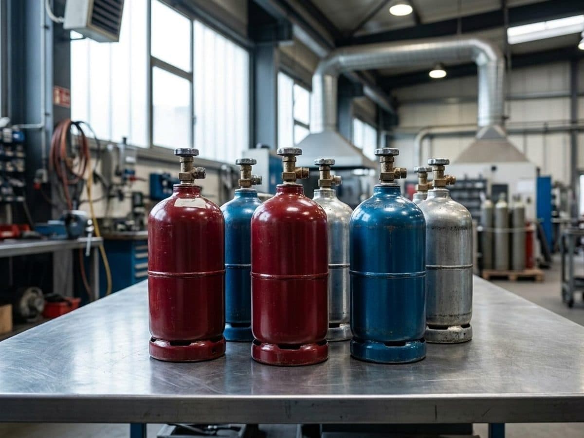 Small propane cylinders at an industrial cylinder inspection station.