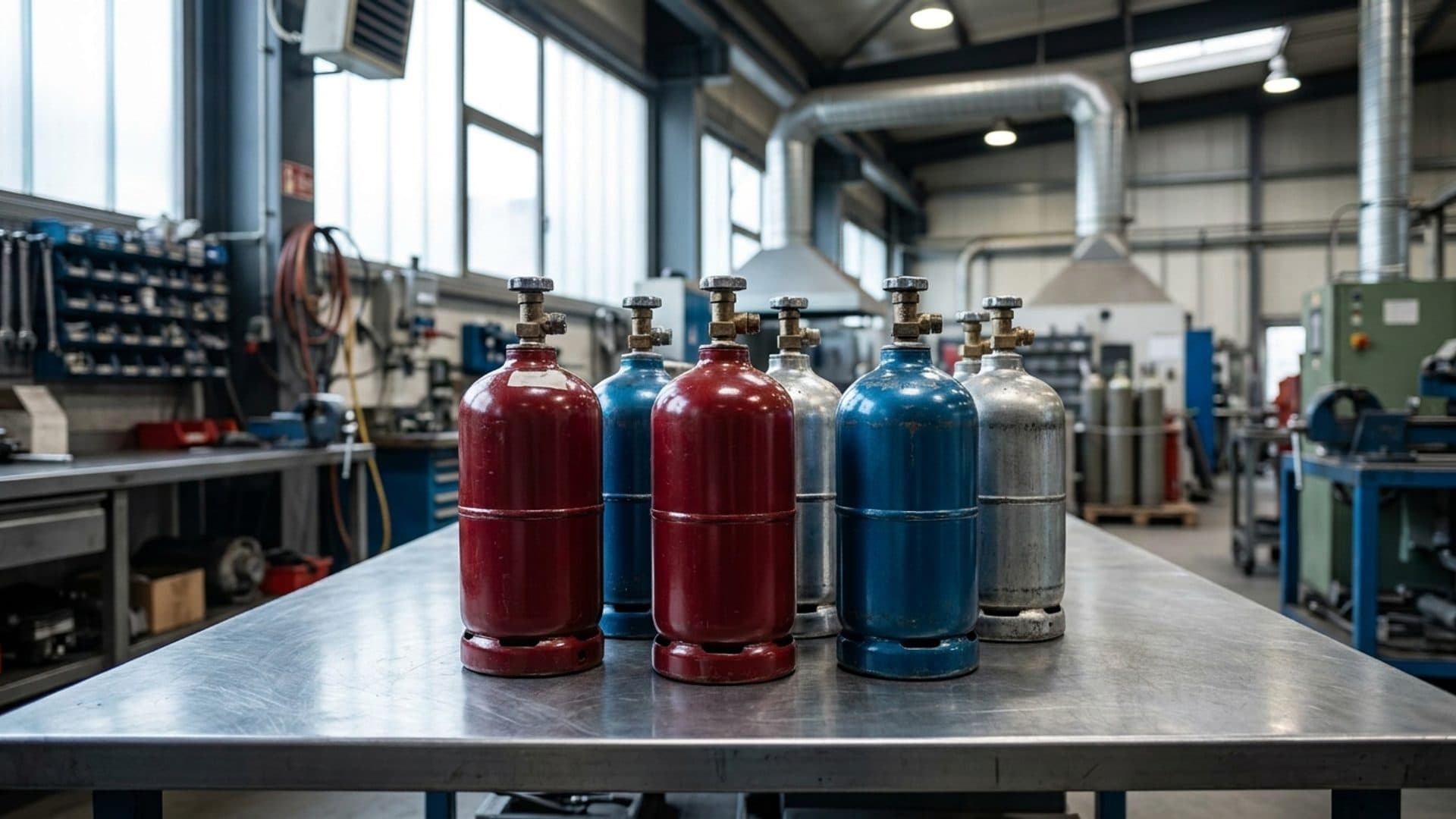 Small propane cylinders at an industrial cylinder inspection station.
