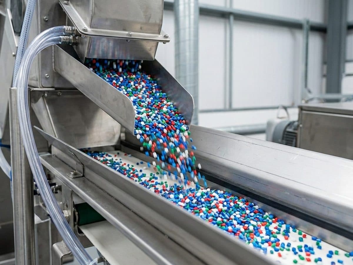 Recycled polymer pellets moving through packaging production