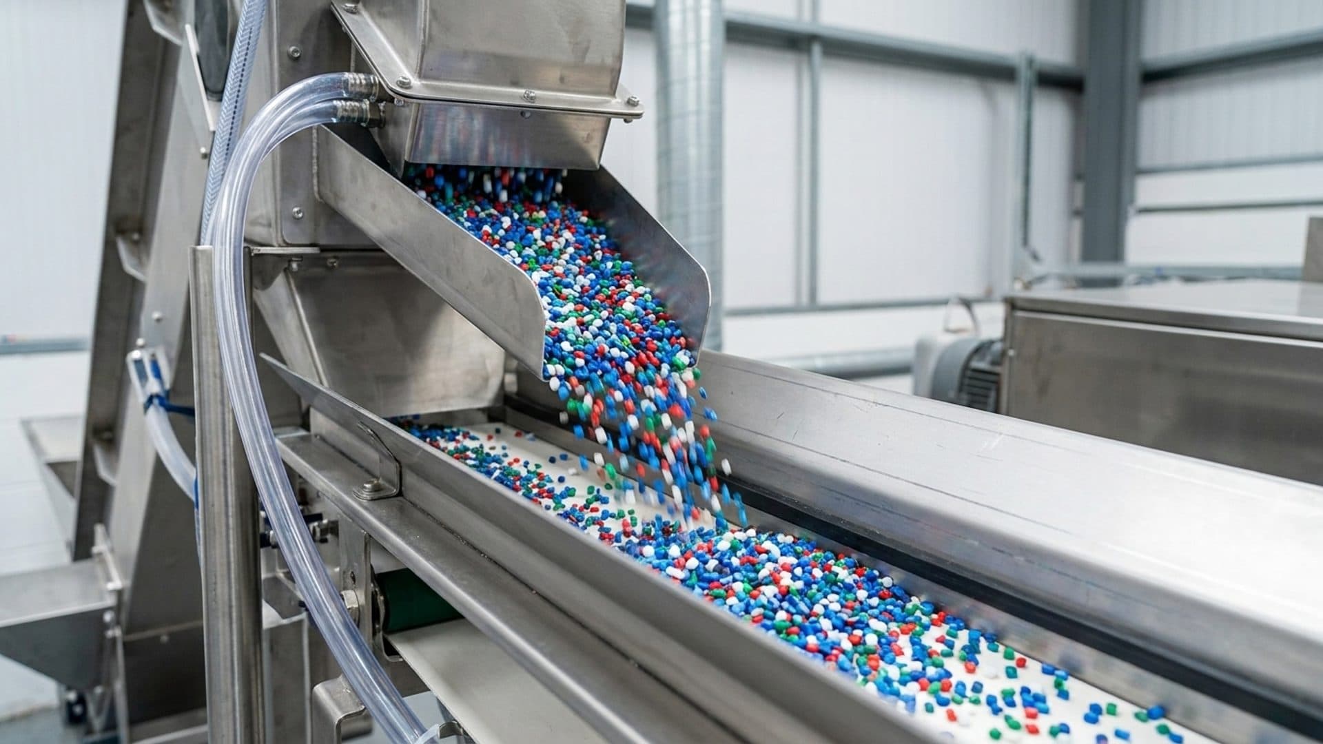 Recycled polymer pellets moving through packaging production