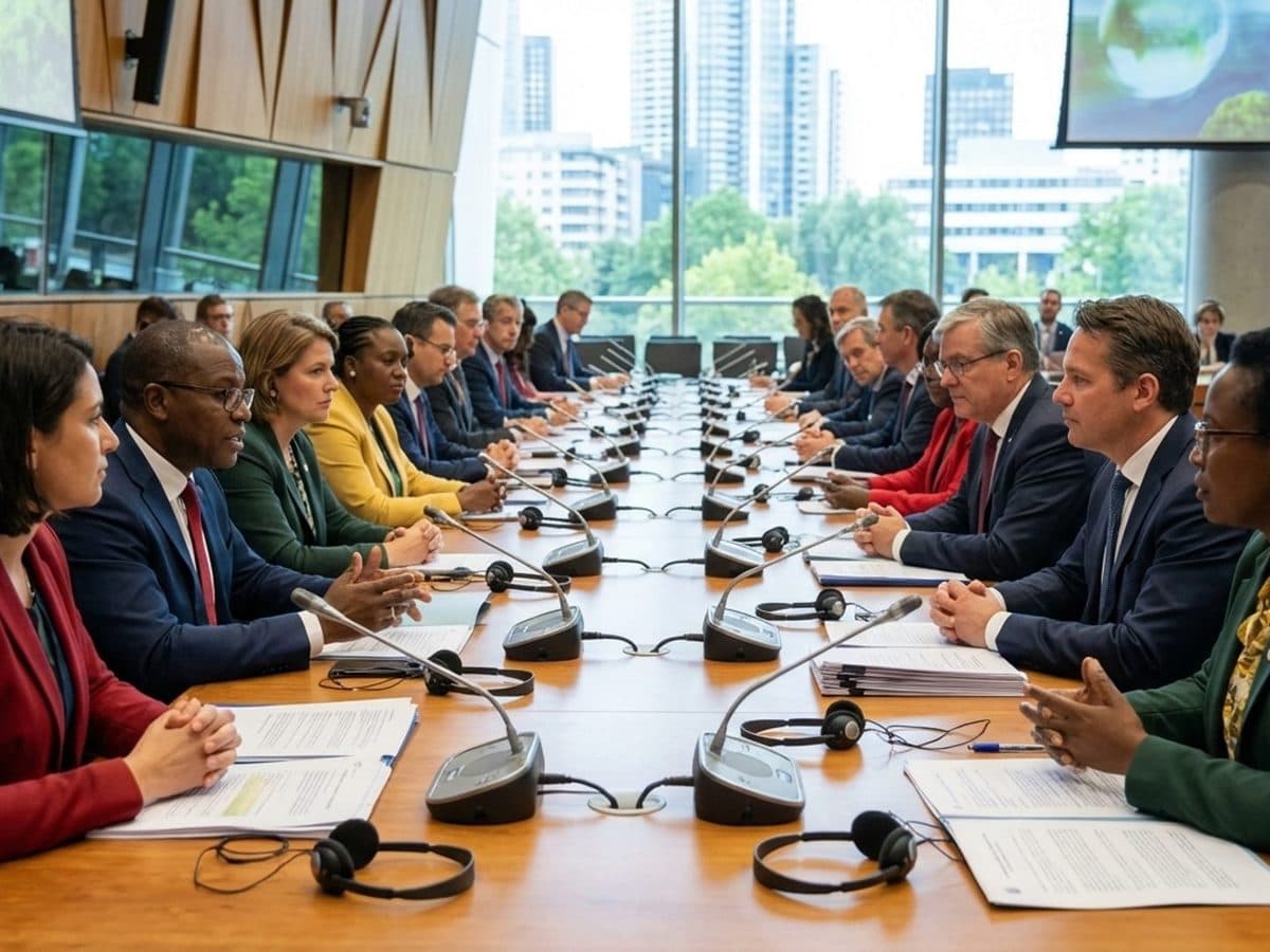International delegates in a treaty negotiation meeting