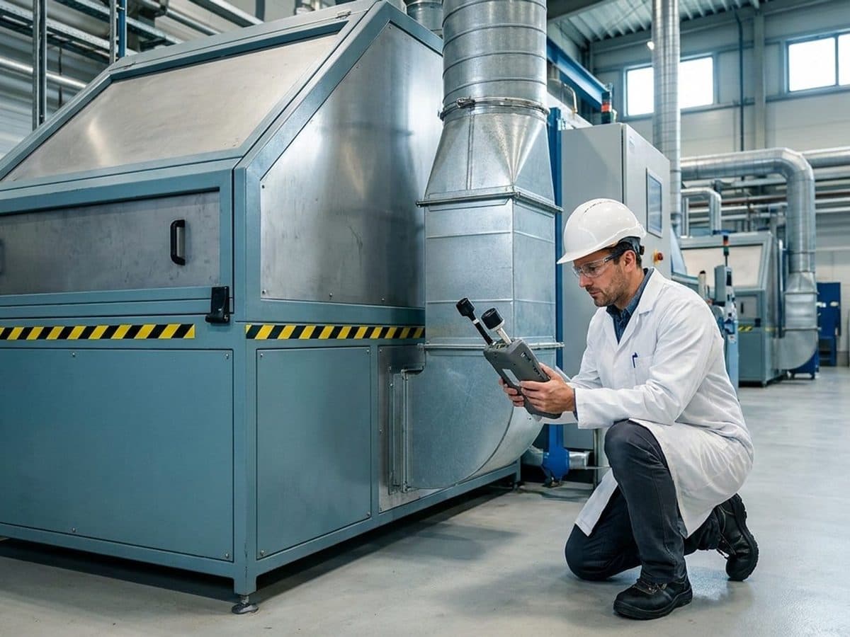 Occupational hygienist monitoring air beside industrial equipment