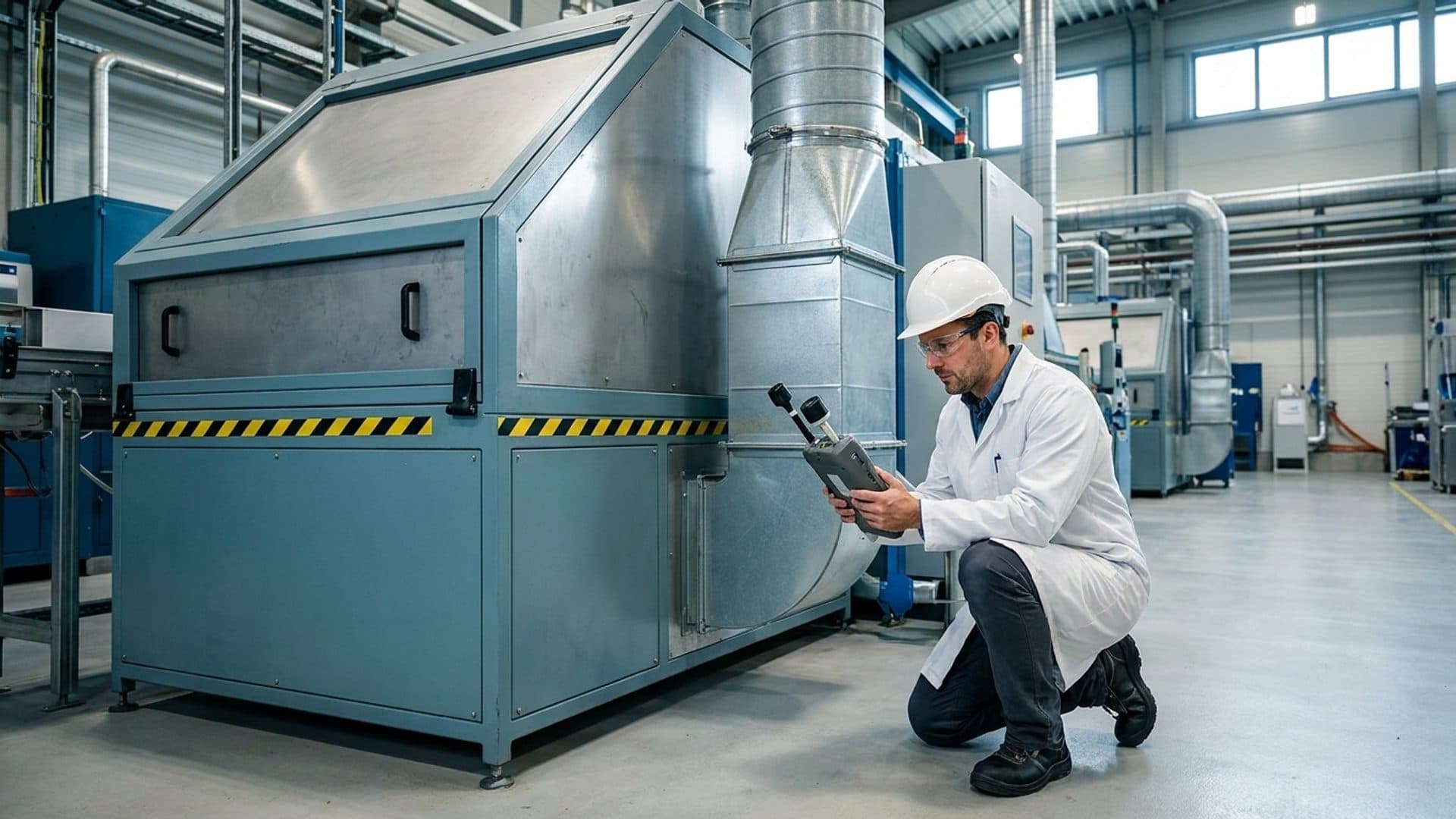 Occupational hygienist monitoring air beside industrial equipment