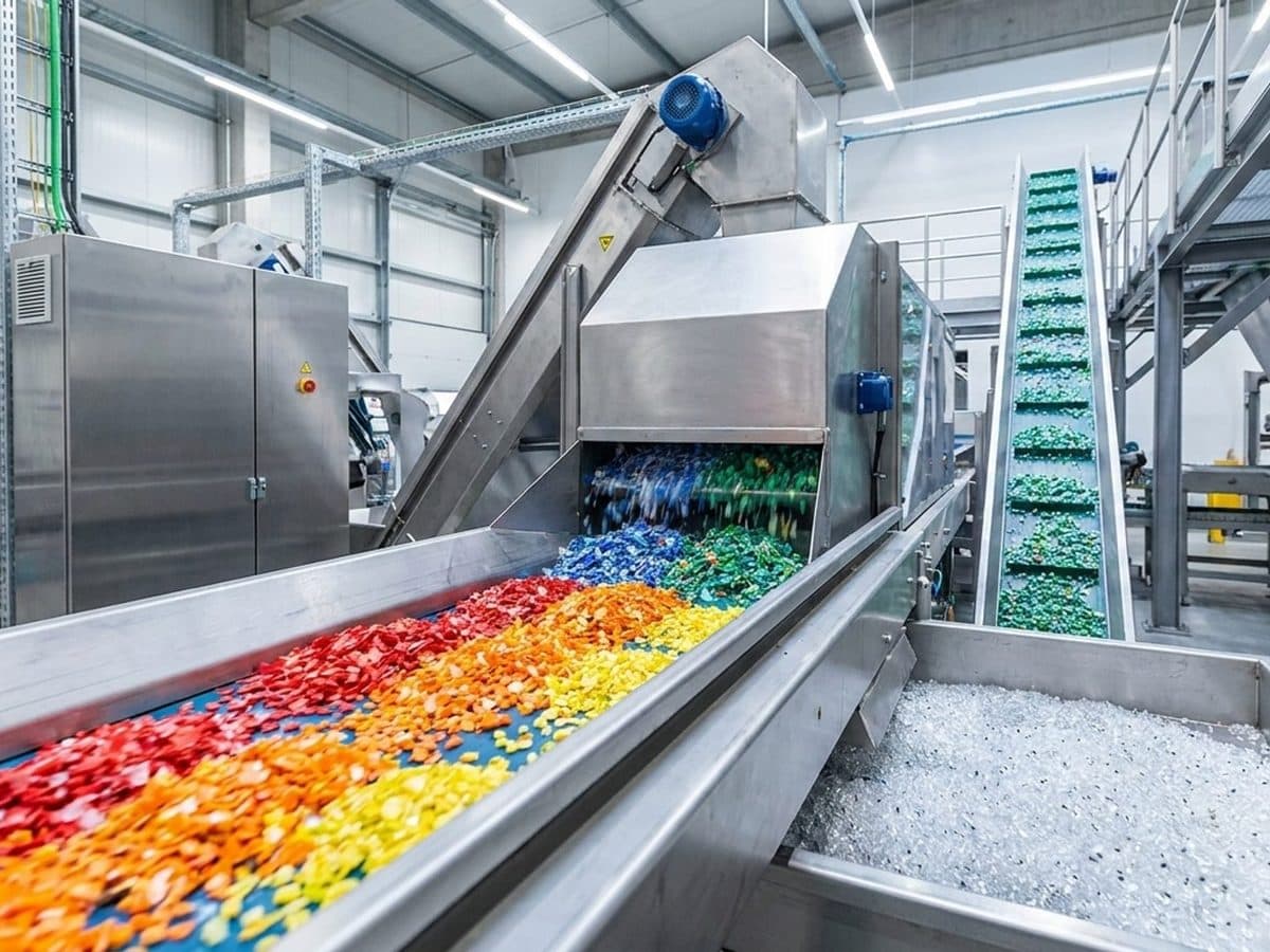 Recycled plastic packaging feedstock and pellets on a quality-control line
