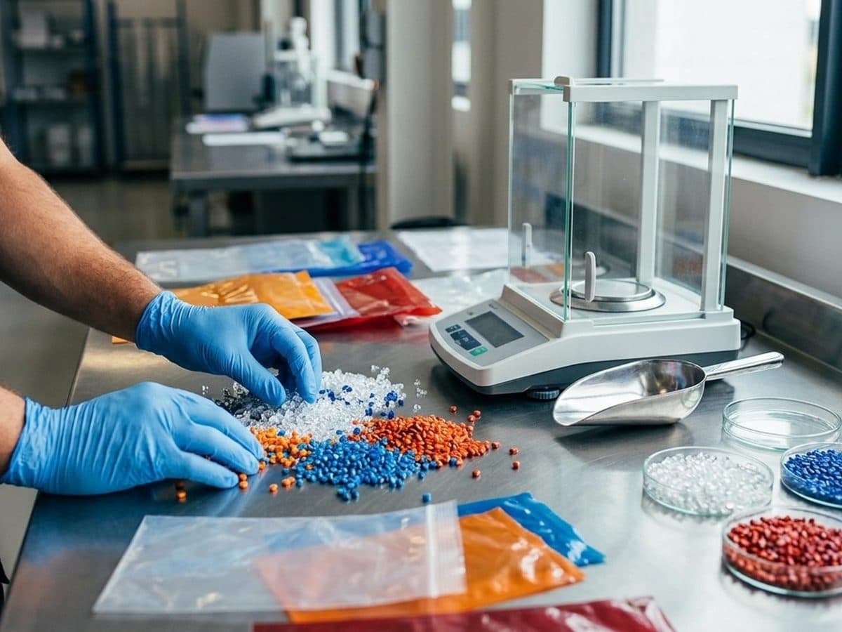 Recycled plastic pellets and packaging samples on a quality-control bench