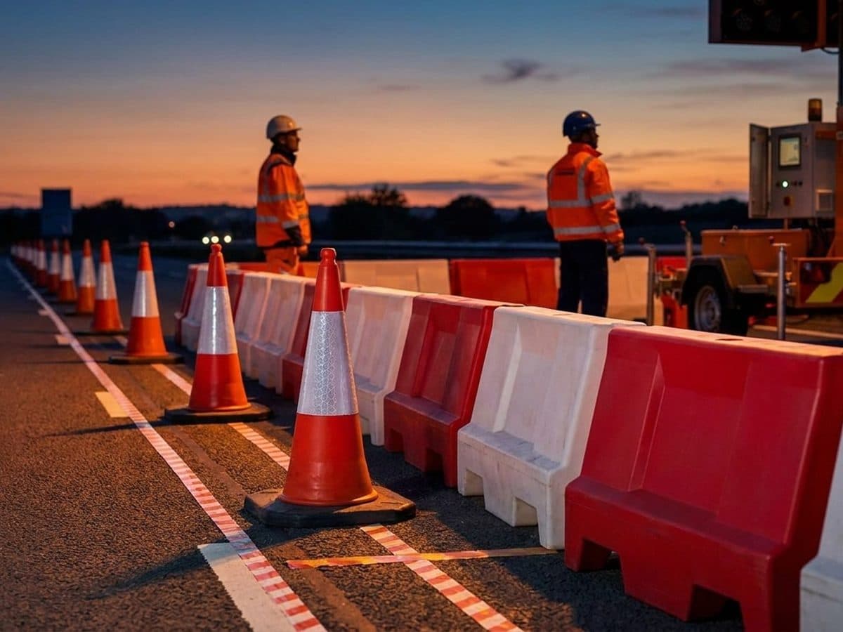 Road workers checking barriers and cones at a secured roadworks site