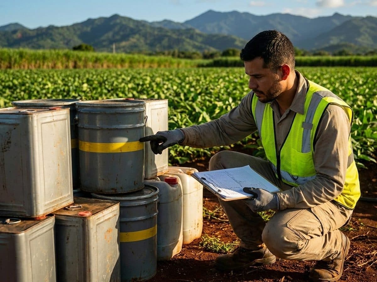 Puerto Rican agricultural fields with a professional applicator reviewing herbicide containers and inventory records