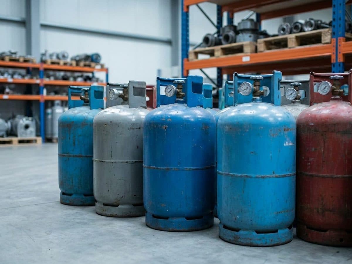 Refrigerant cylinders in an industrial warehouse