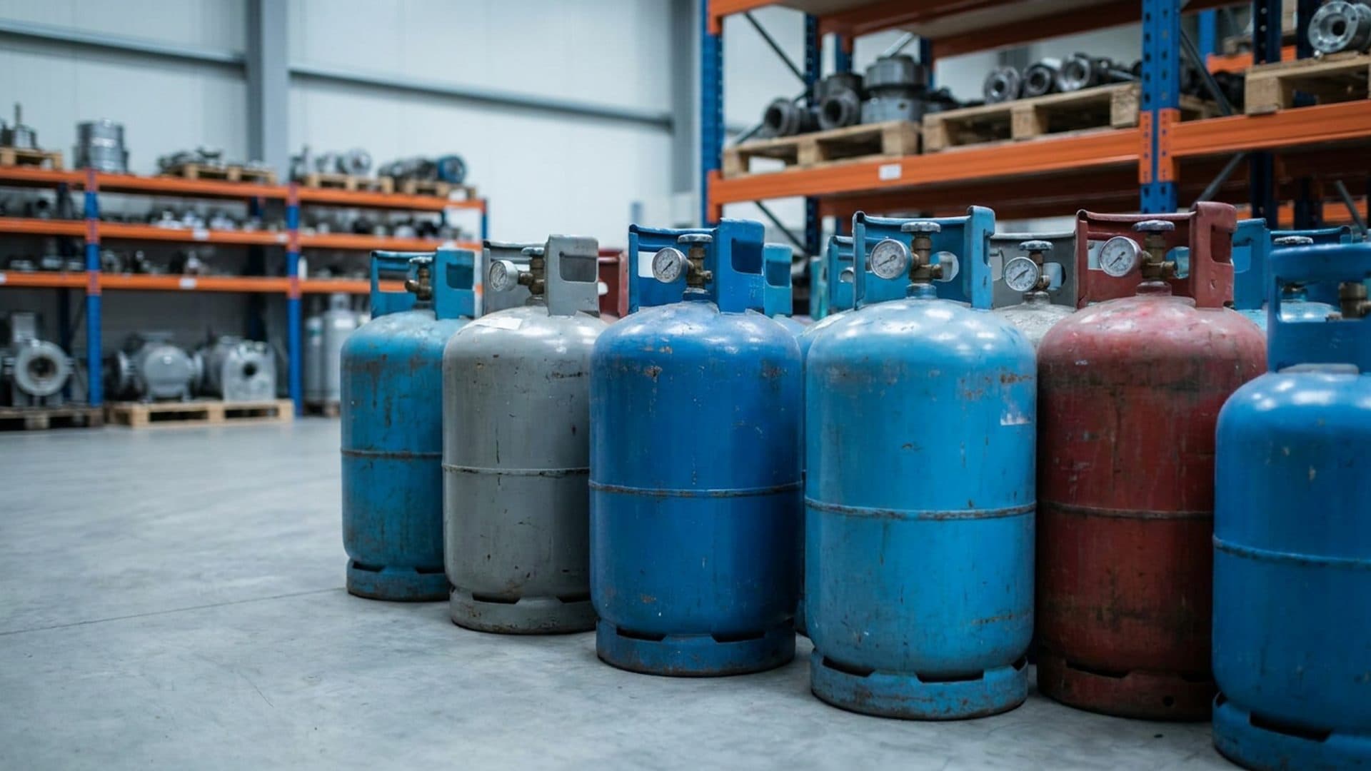 Refrigerant cylinders in an industrial warehouse