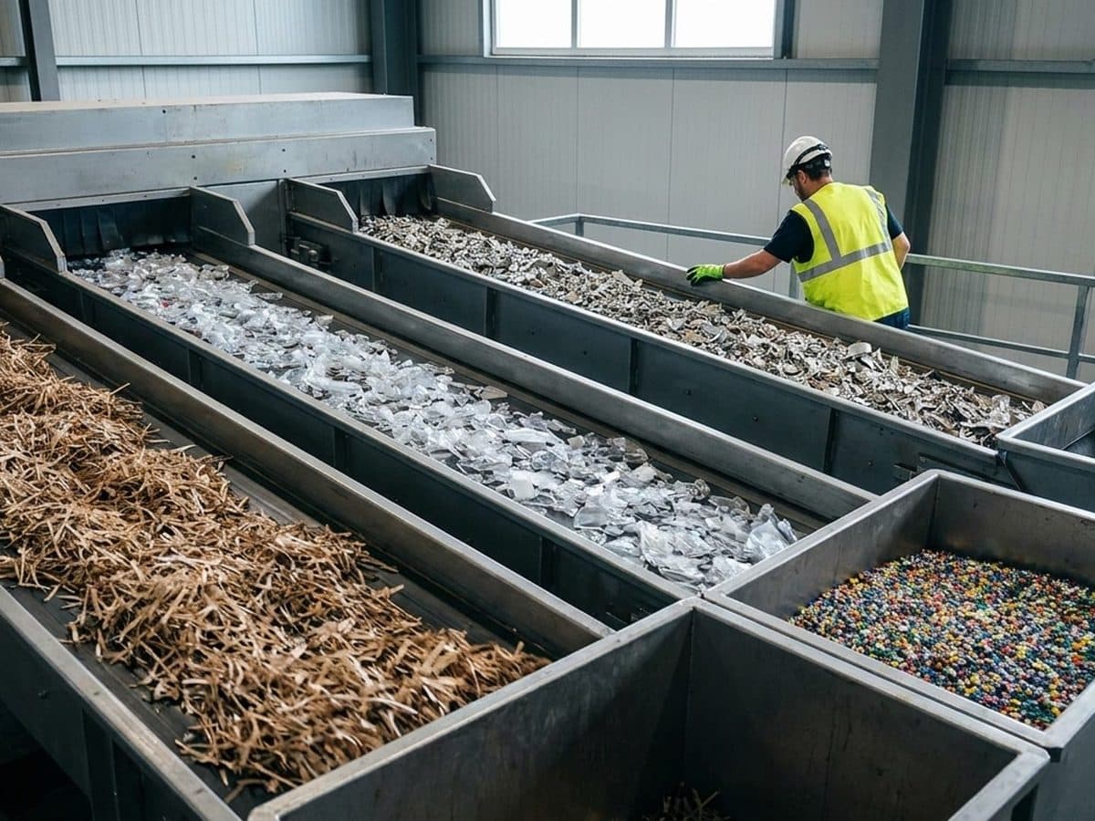 Unbranded packaging moving through a clean recycling line