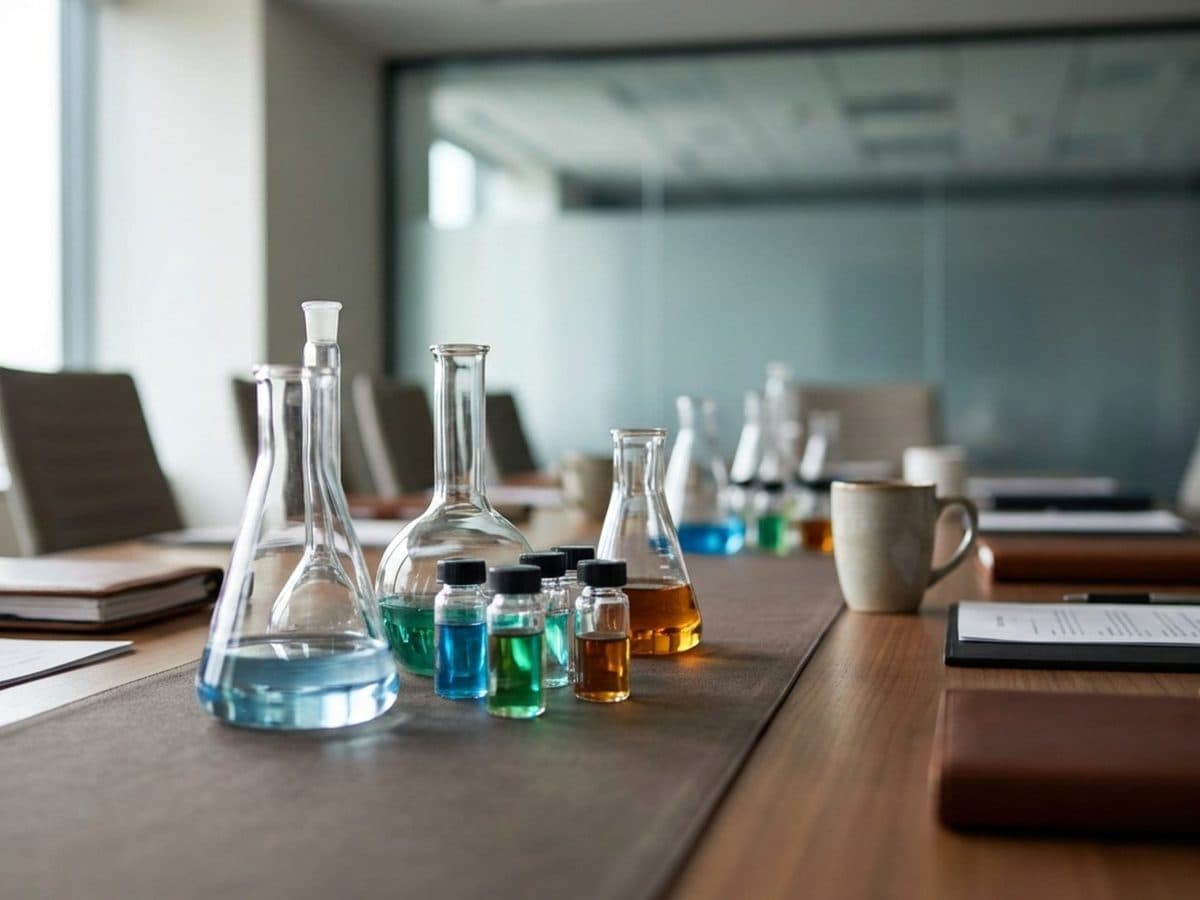 Laboratory glassware in the foreground with a policy meeting blurred in the background