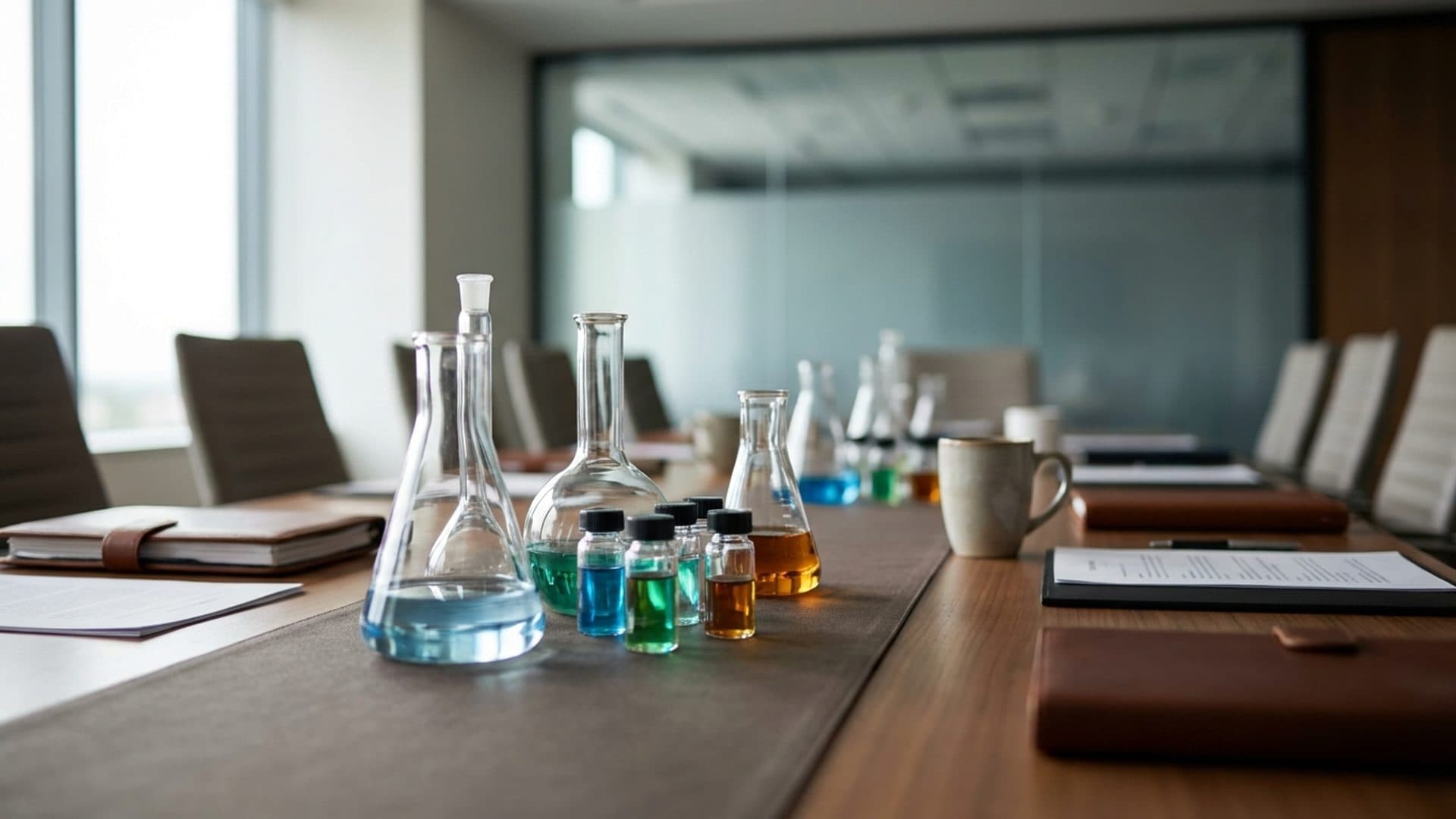 Laboratory glassware in the foreground with a policy meeting blurred in the background