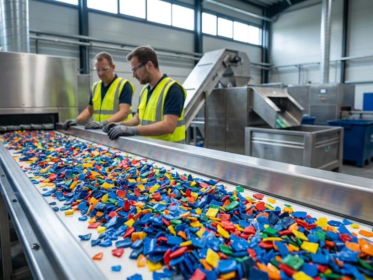 Recycled plastic flakes and resin pellets on an industrial line