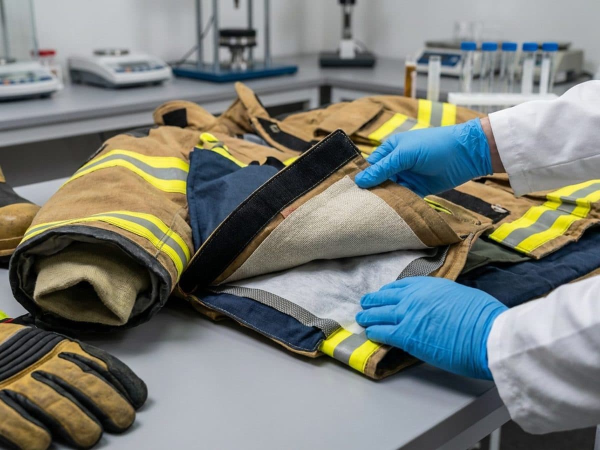 Firefighter protective equipment prepared for PFAS compliance inspection