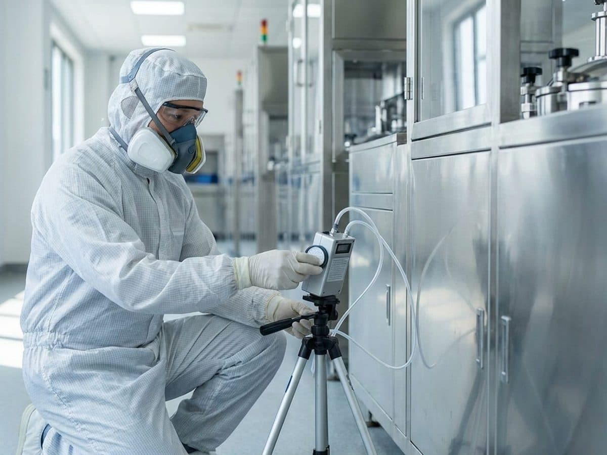 Worker in protective equipment taking an industrial air sample