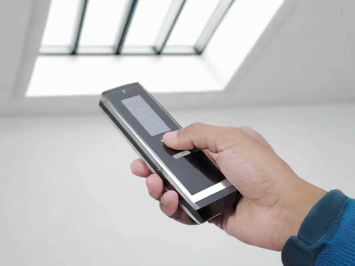 Hand holding a remote for an electric window on the roof