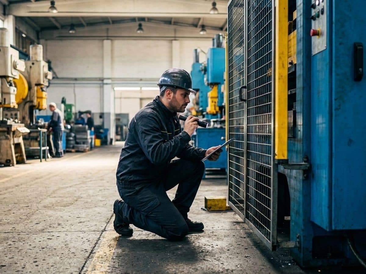 Engineer inspecting guarded machinery on a factory floor