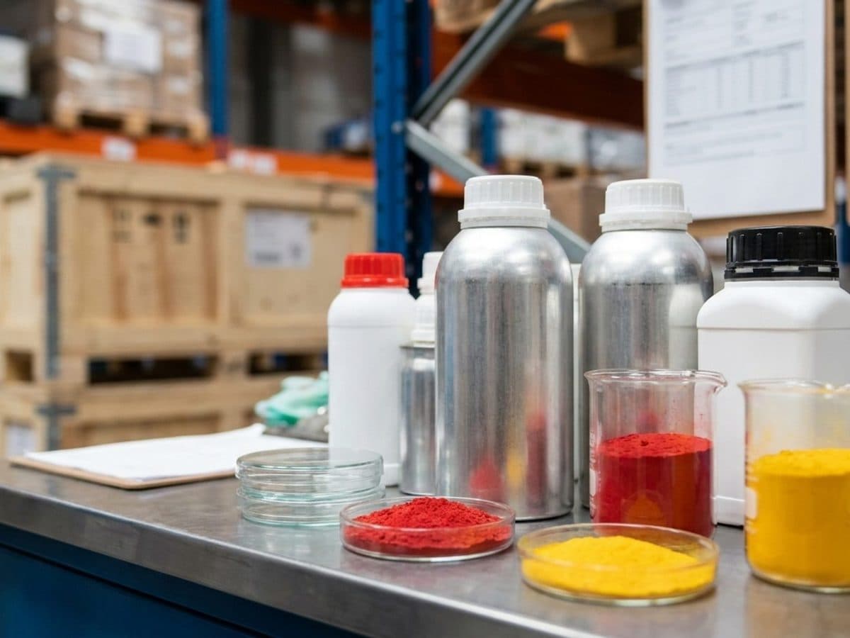 Sealed chemical containers beside yellow and red pigment samples