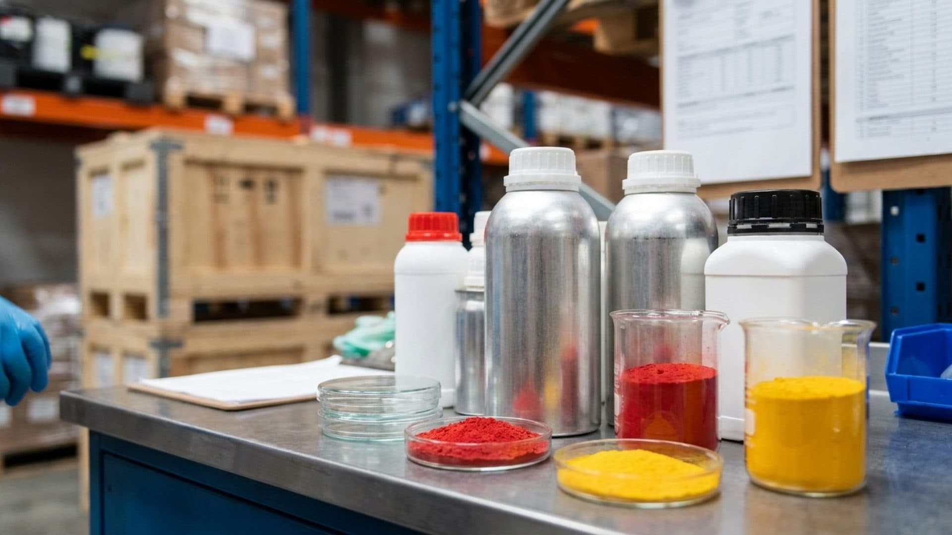Sealed chemical containers beside yellow and red pigment samples
